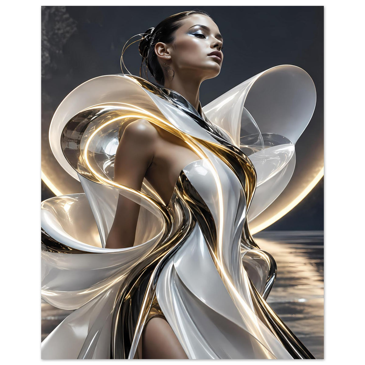 Abstraktes Poster: silberne Metallwirbel und transparente Formen, Frauenfigur im Ganzbild