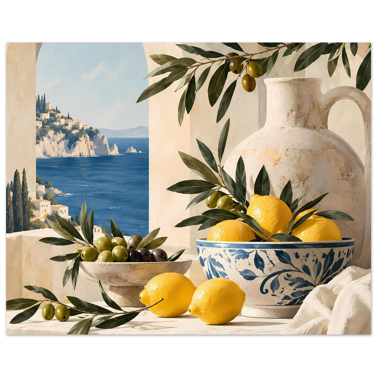 Mediterranes Poster im Panoramaformat mit Zitronenschale, Olivenschale und Zweigen