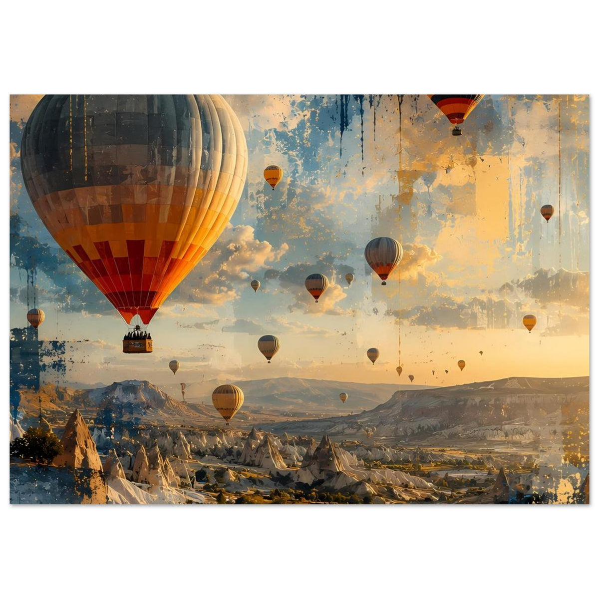 Poster mit mehreren Heißluftballons in der Luft, Landschaft im Hintergrund, abstrakt gelb-blau