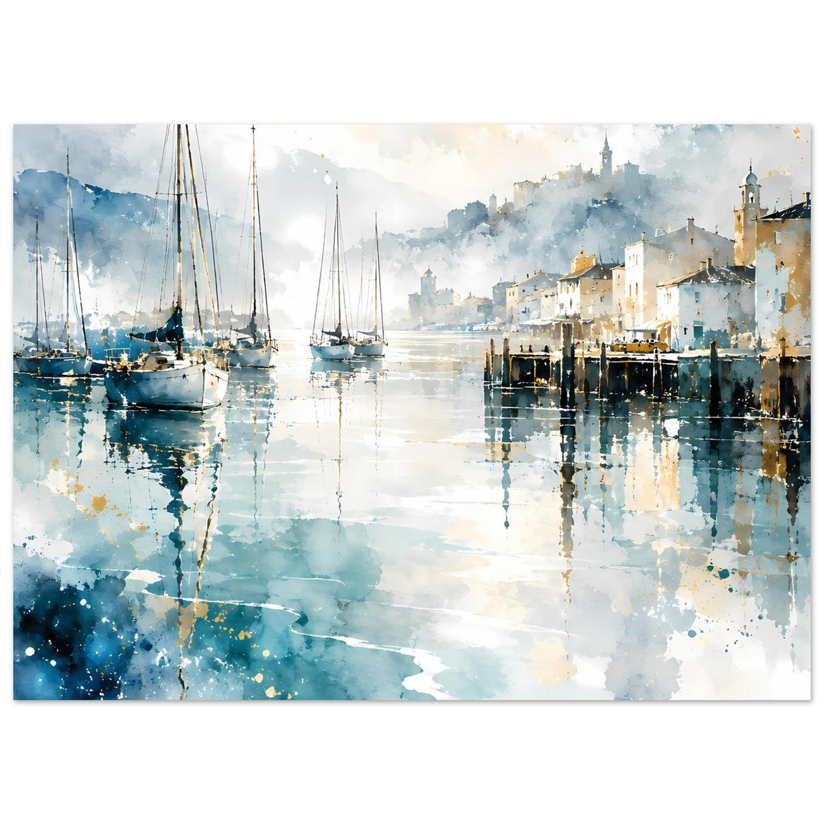 Querformat-Aquarell-Poster mit Segelbooten und spiegelndem Hafenwasser in Blau