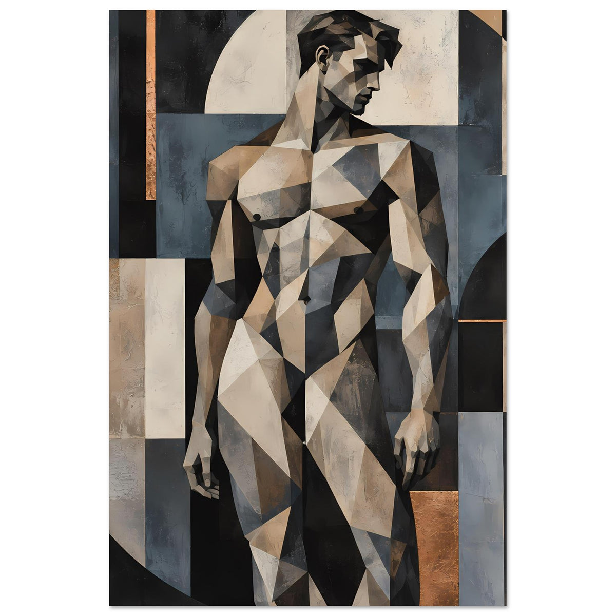 Kunstposter mit geometrischer Aktfigur, Frau im Profil, kantige Polygonflächen in Beige und Grau