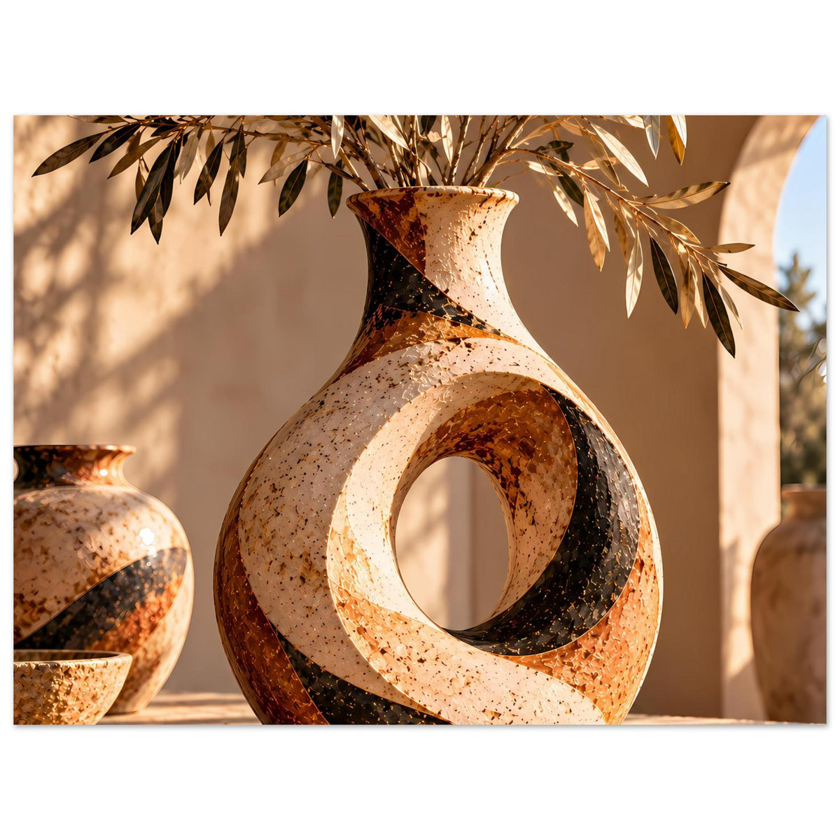 Keramikvase mit geschwungener Silhouette, gesprenkelter Oberfläche und ovalem Ausschnitt