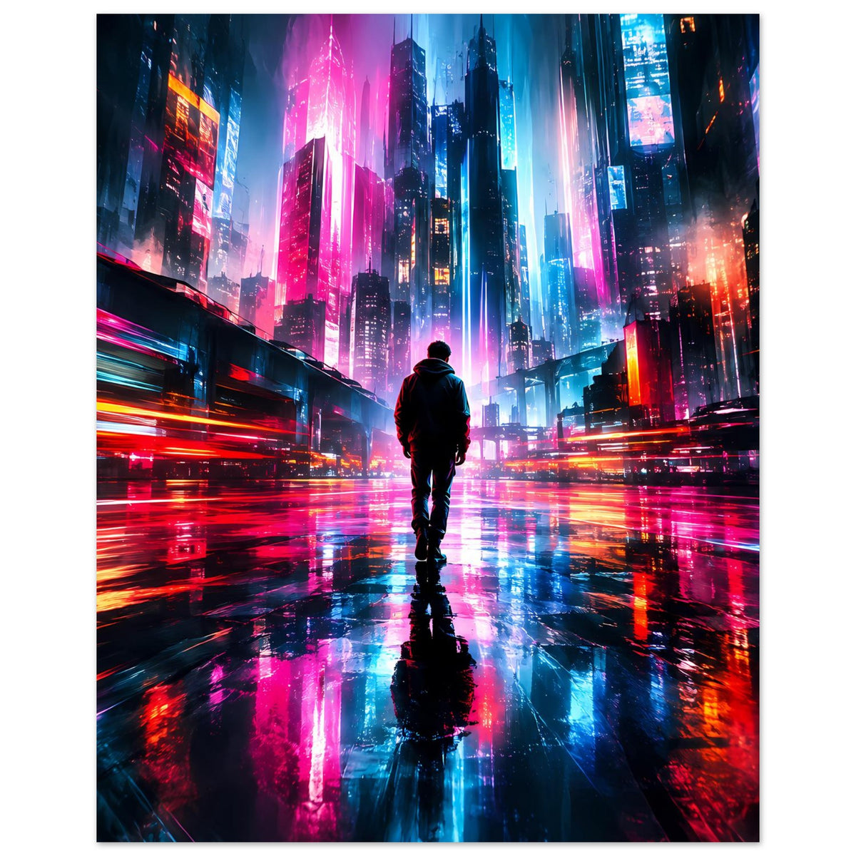 Vertikales Cyberpunk-Poster: Mann läuft mittig; leuchtende Wolkenkratzer in Blau und Pink.