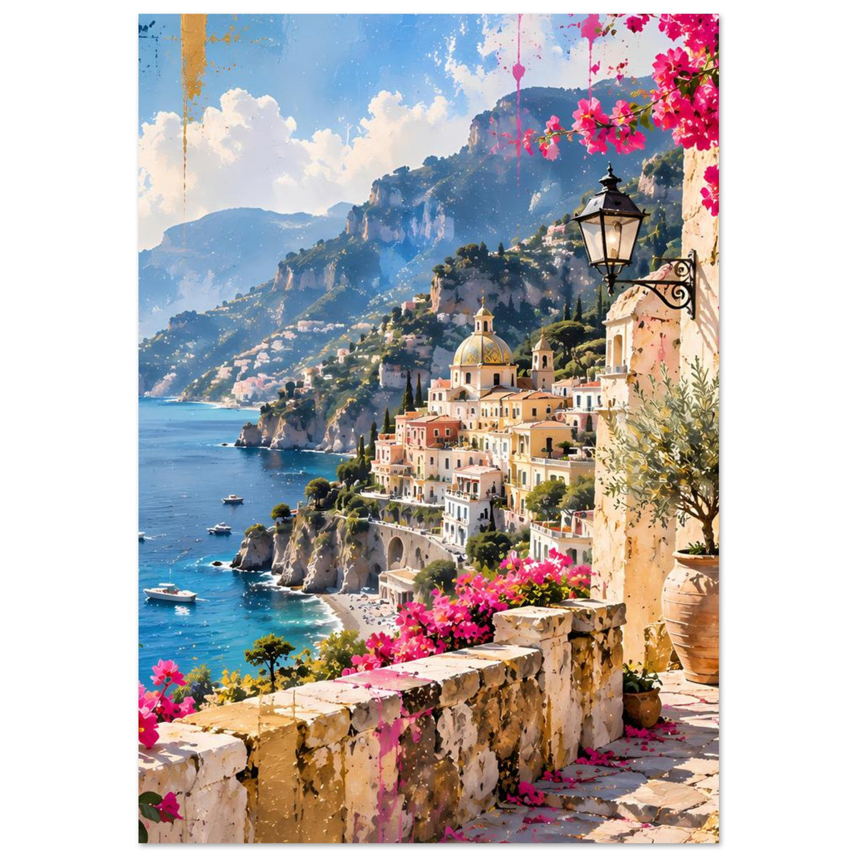 Vertikales Poster mit Klippenküste, weißen Häusern, Bougainvillea und Laterne an der Mauer