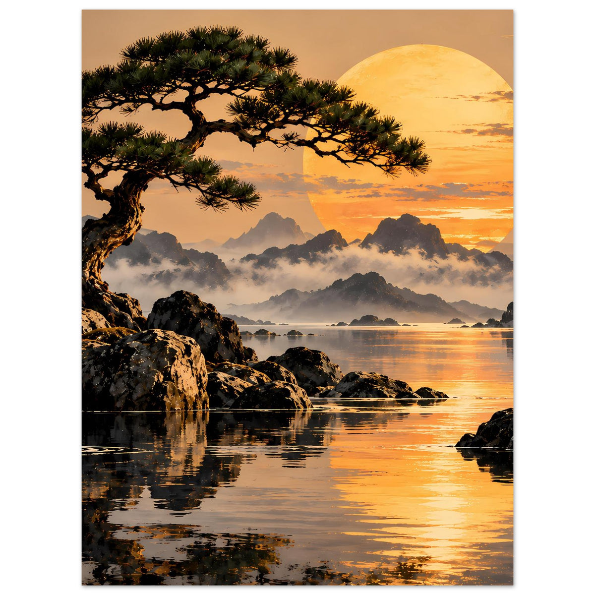 Gerahmtes Landschaftsposter (Hochformat) mit Sonnenuntergang über See, Felsen und Baumgipfel.