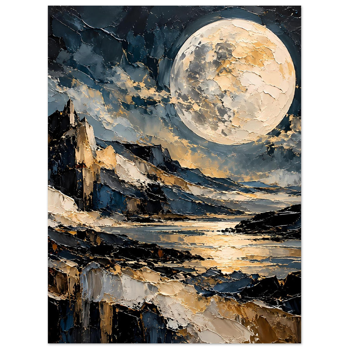 Vertikales Poster: Vollmond über ruhiger Seebucht, dunkle Berge und goldene Akzente.