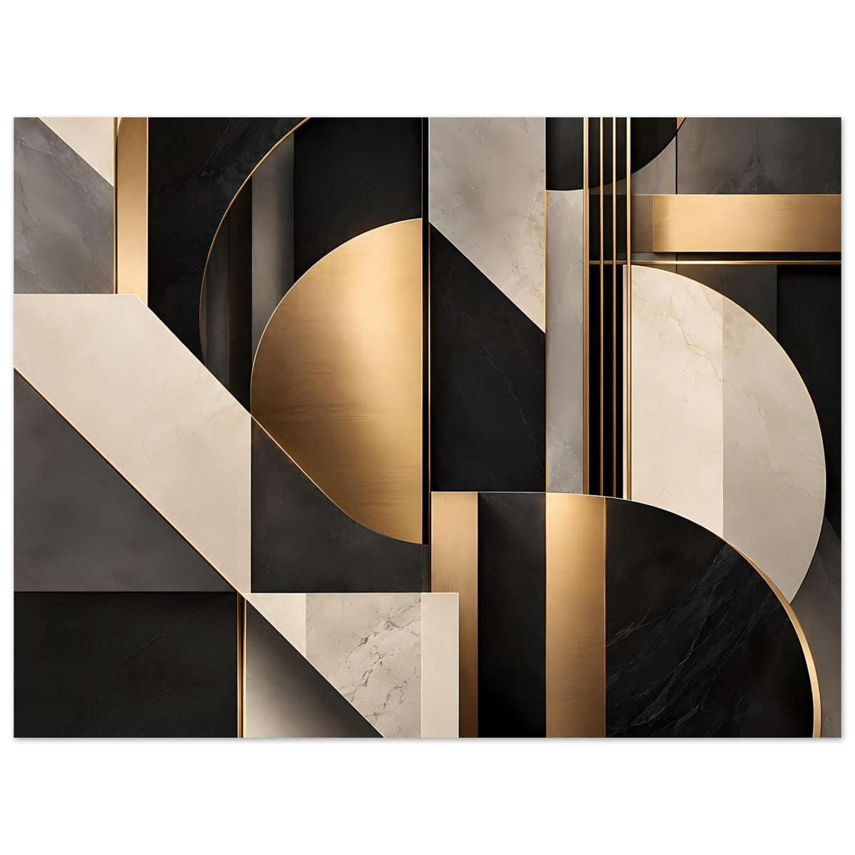 Geometrisches Poster breit mit goldenen Rundungen, diagonalen Streifen und Marble, schwarz/weiß
