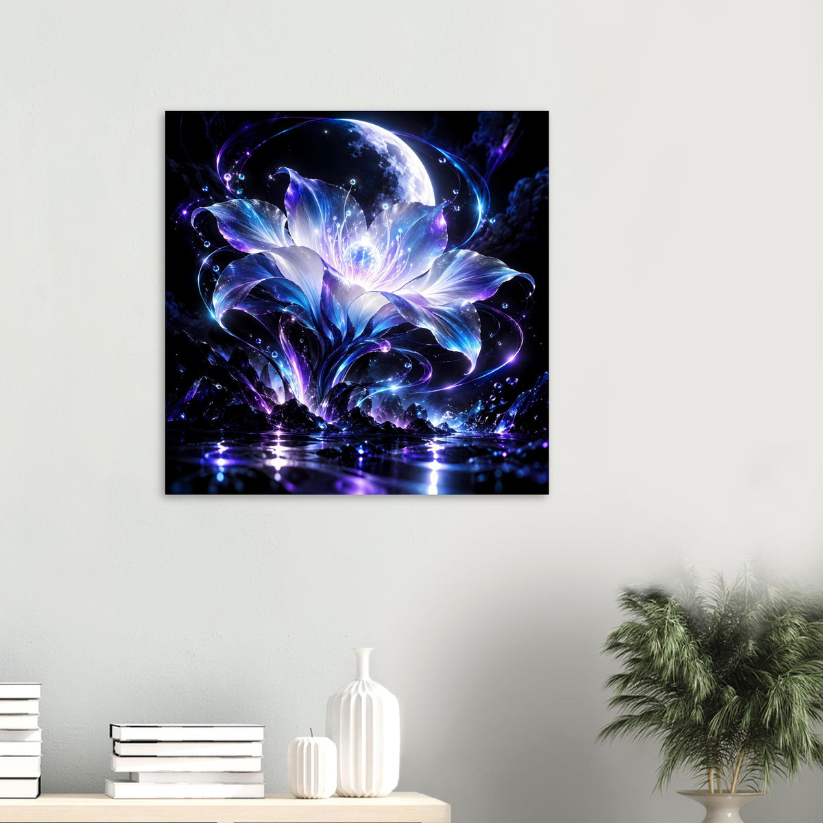 Gerahmtes Poster mit Mond und leuchtenden blauen Blüten im Fantasy-Universum