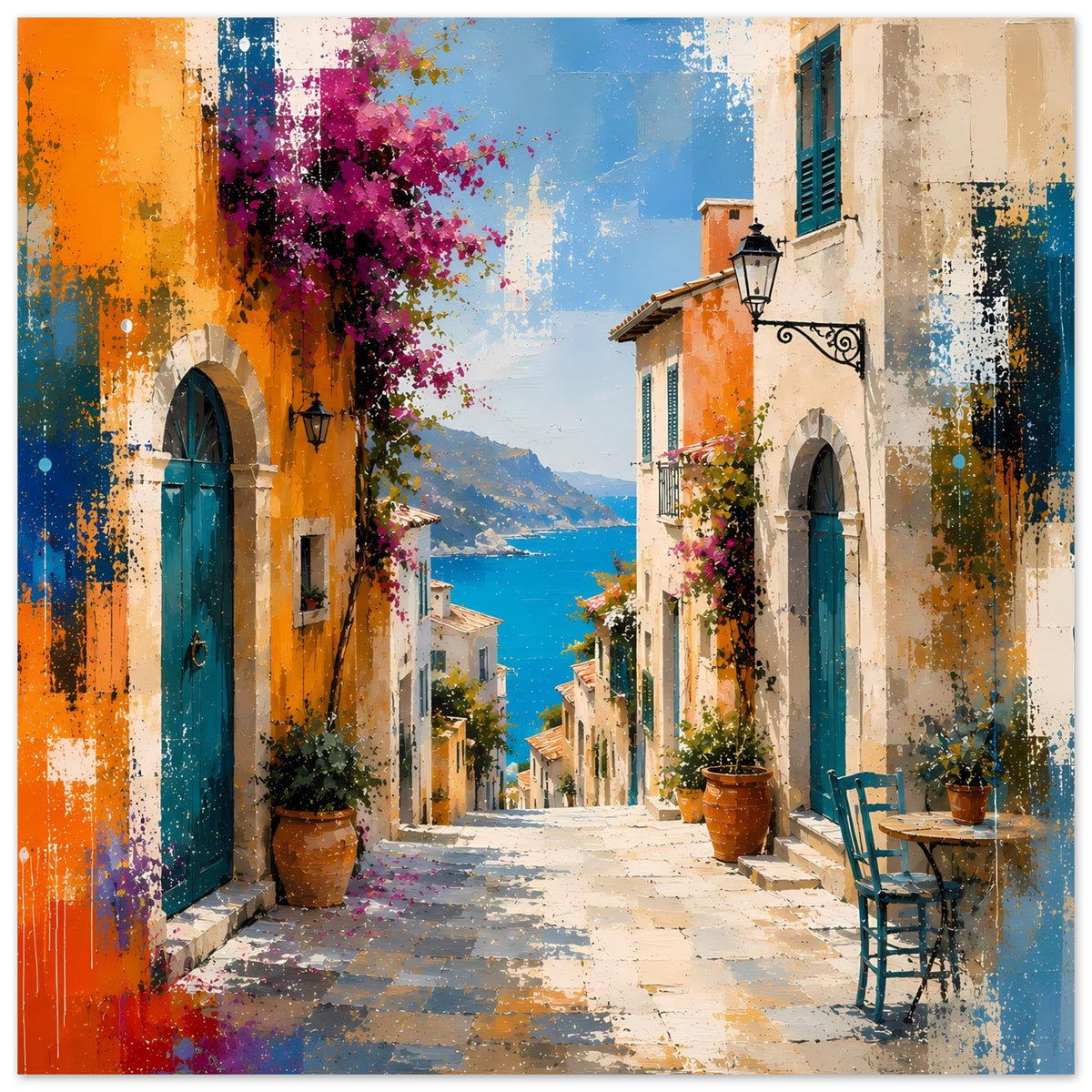 Wandposter mit mediterraner Gasse: orange Häuser, blaue Türen, Vasen, lila Blüten und Meerblick