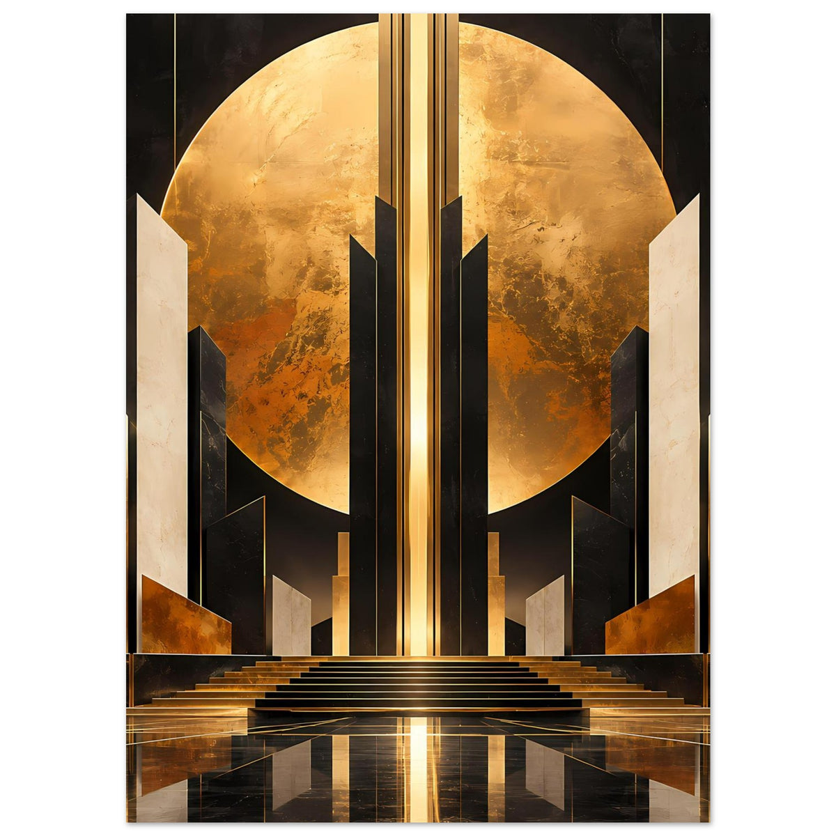 Vertikales Art-Déco-Poster in Gold und Schwarz mit geometrischer Mondszene