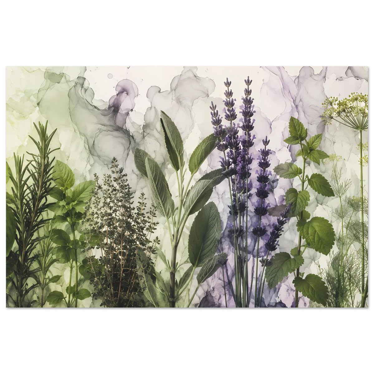 Botanisches Poster mit Lavendelblüten, kräftig grünen Blättern und Gräsern
