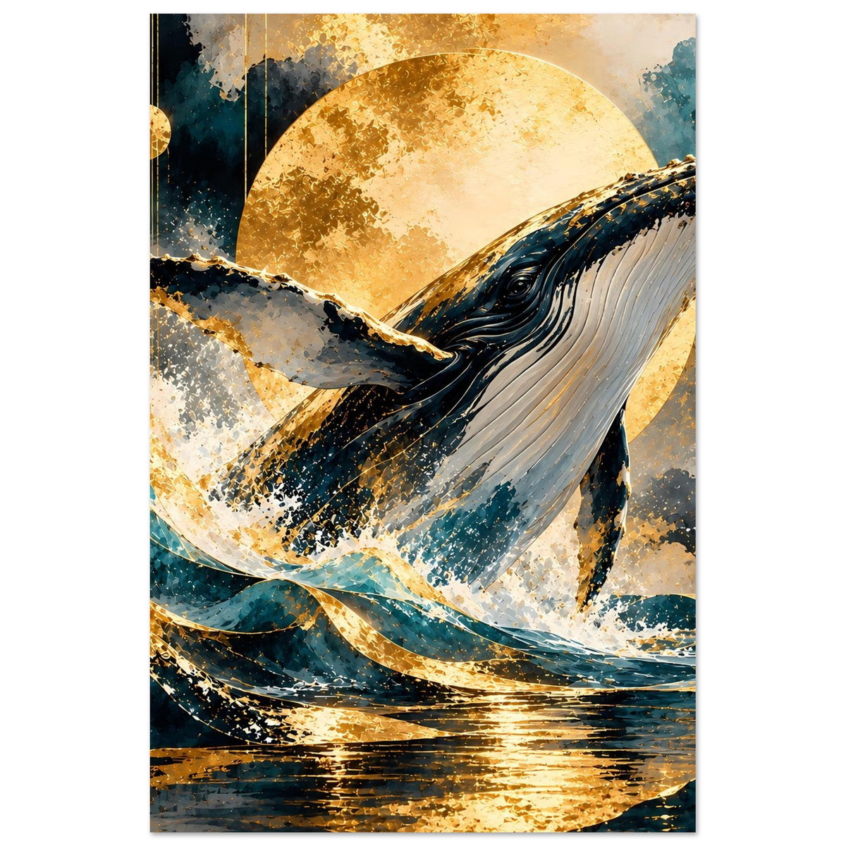 Poster mit Buckelwal nahe der Wasseroberfläche, goldenes Mondlicht und Spritzer