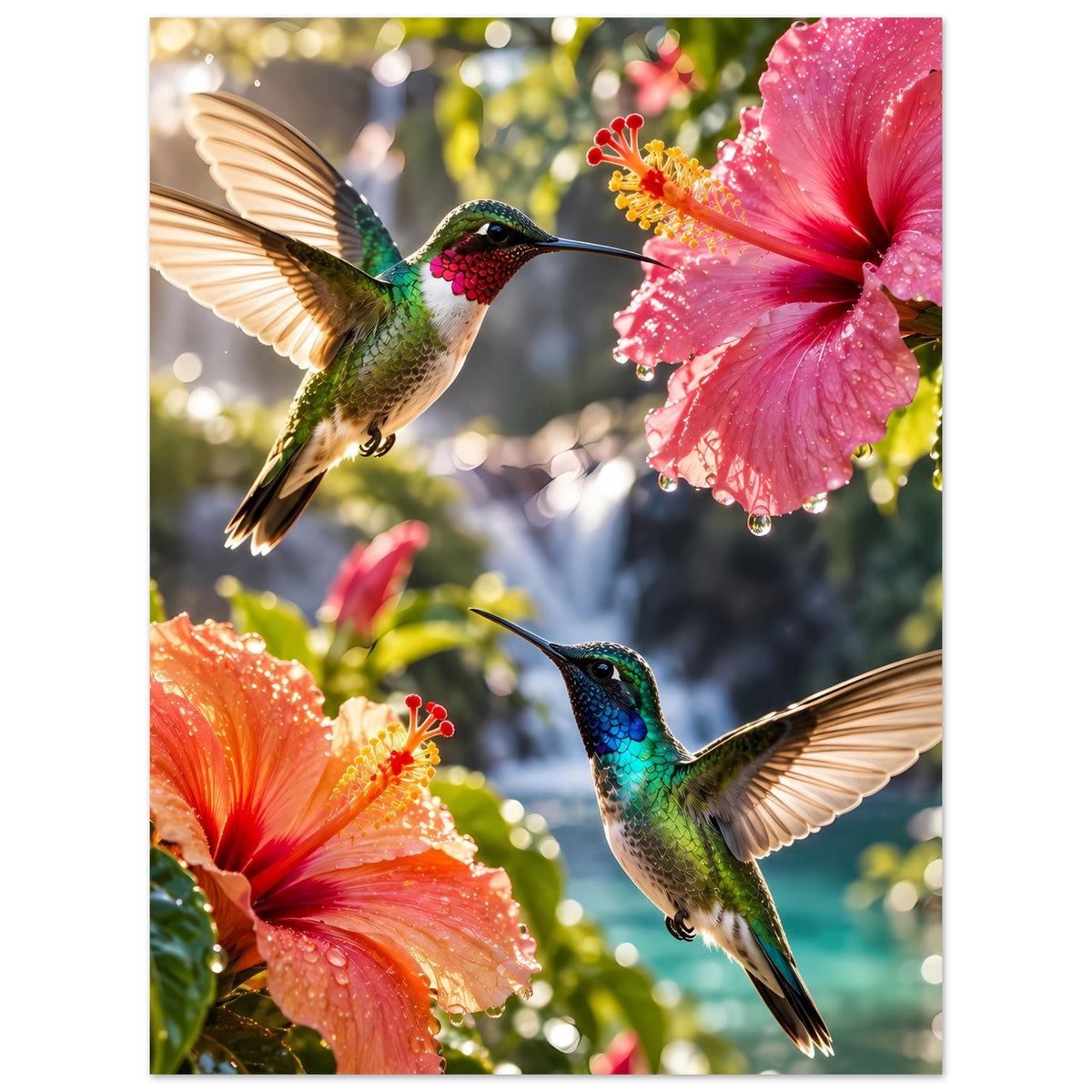 Poster mit Kolibris im Flug und Hibiskusblüten in Pink und Orange, vertikal