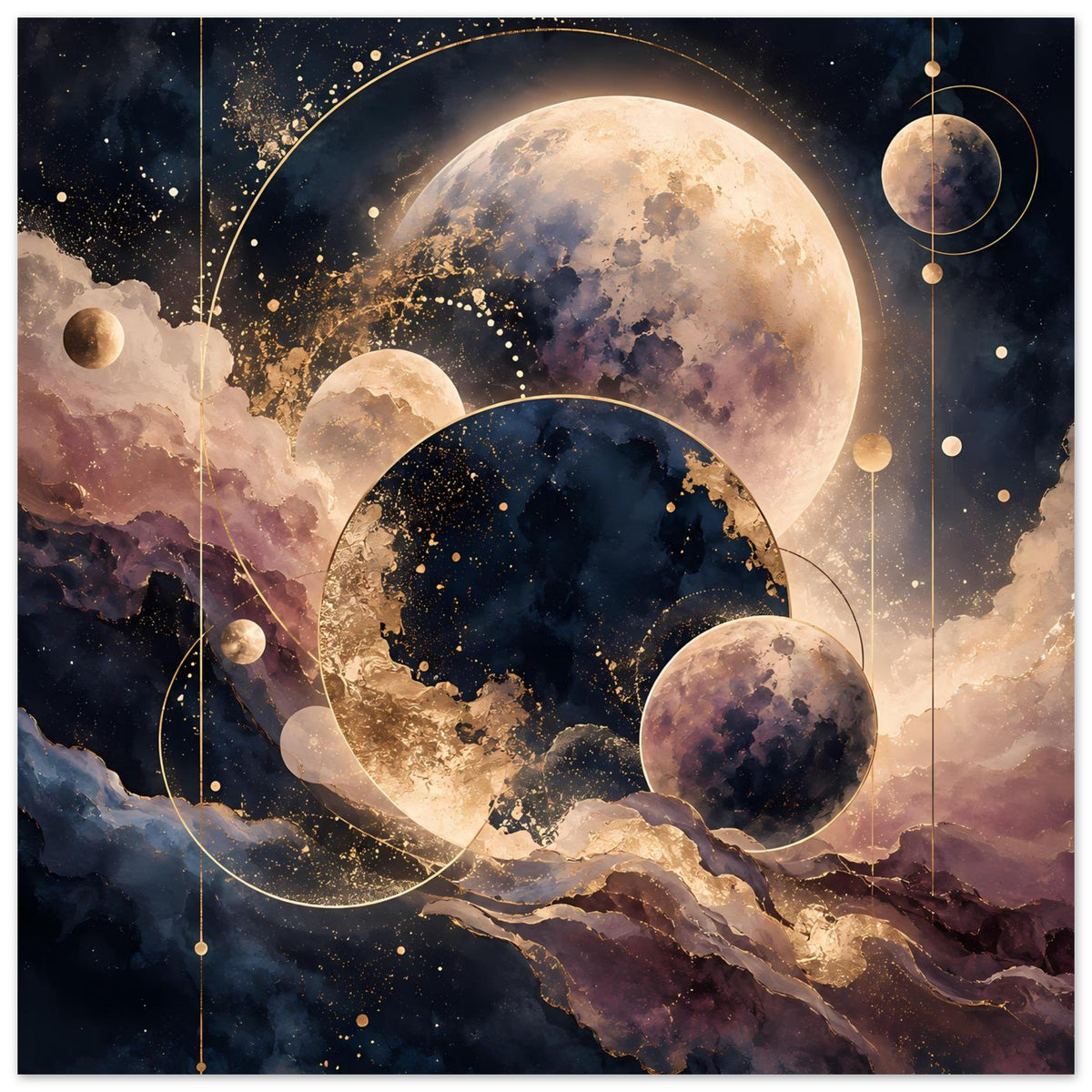 Poster mit Planeten- und Mondmotiv, große Monde im All, dunkles Blau und Gold, horizontal