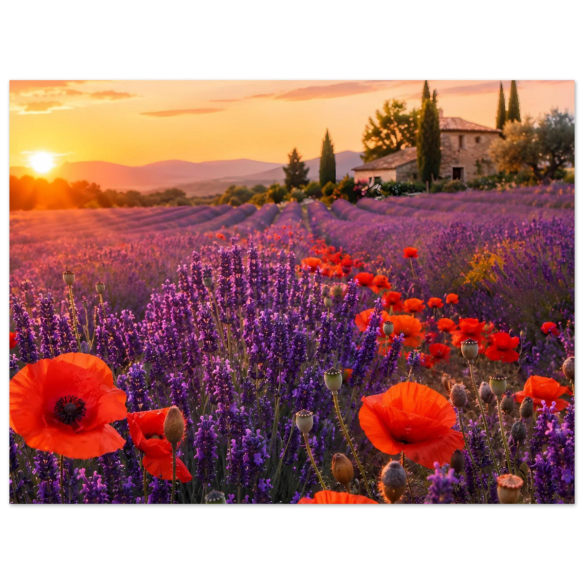 Blumenposter, Querformat: Lavendelfeld mit orangefarbenem Mohn, Landhaus und Sonnenuntergang