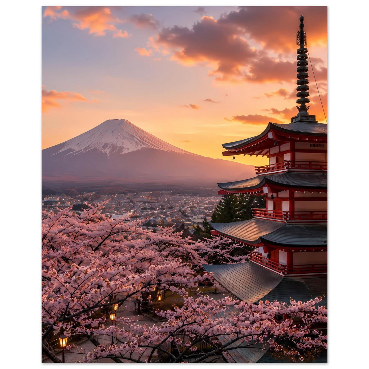 Japanisches Sonnenuntergang-Poster im Hochformat mit Kirschblüten, Mount Fuji und rotem Tempel