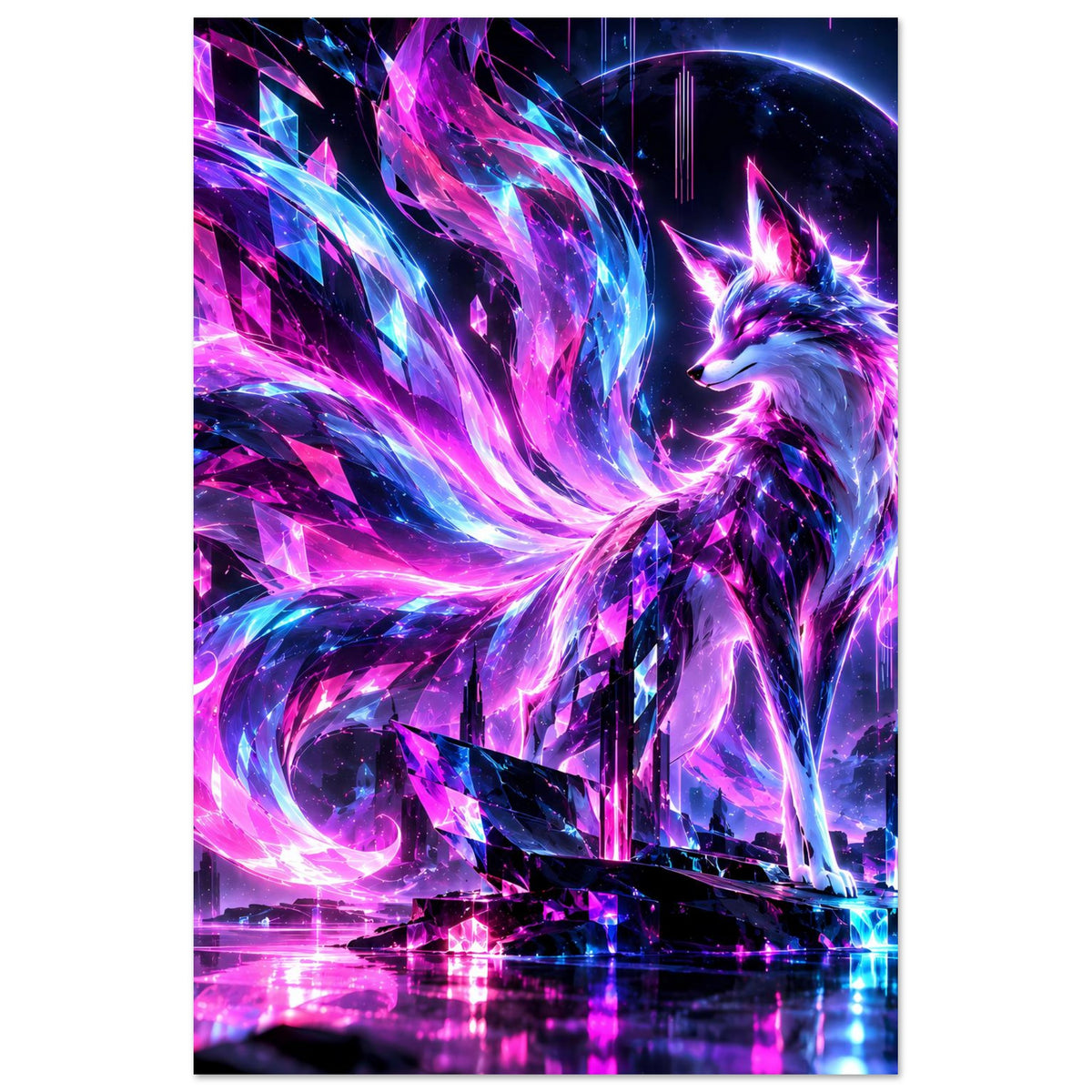 Fantasy-Poster mit leuchtendem Neon-Fuchs, violett-blauen Kristalllichtern und silberner Mähne
