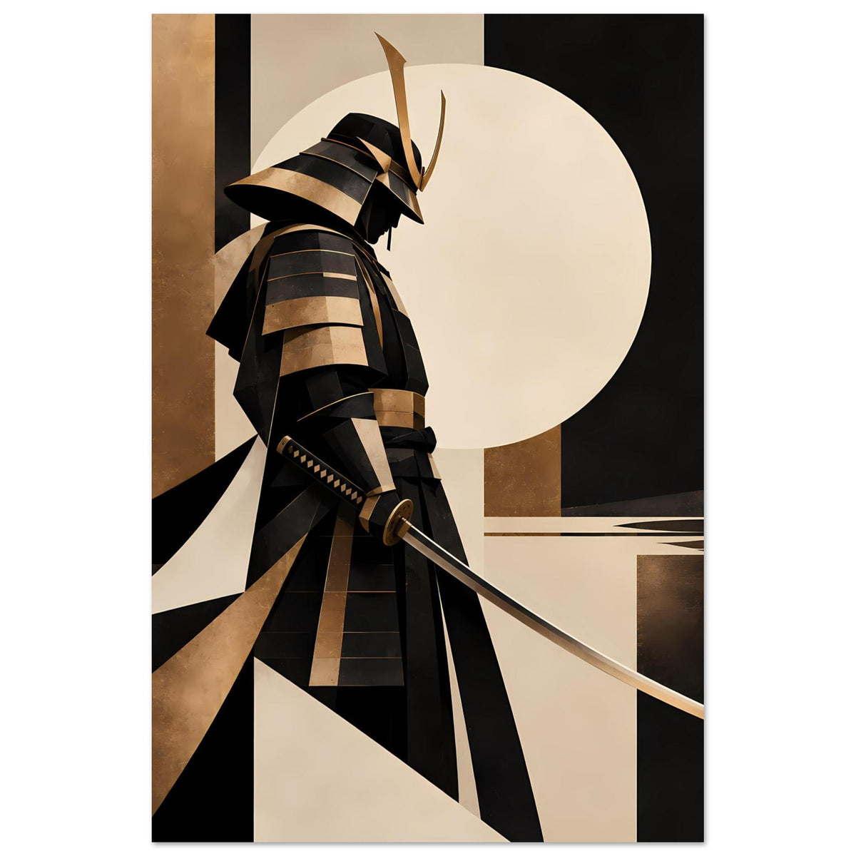 Kunstposter mit Samurai im Halbprofil, goldfarbene Streifen und schwarzer Rüstung