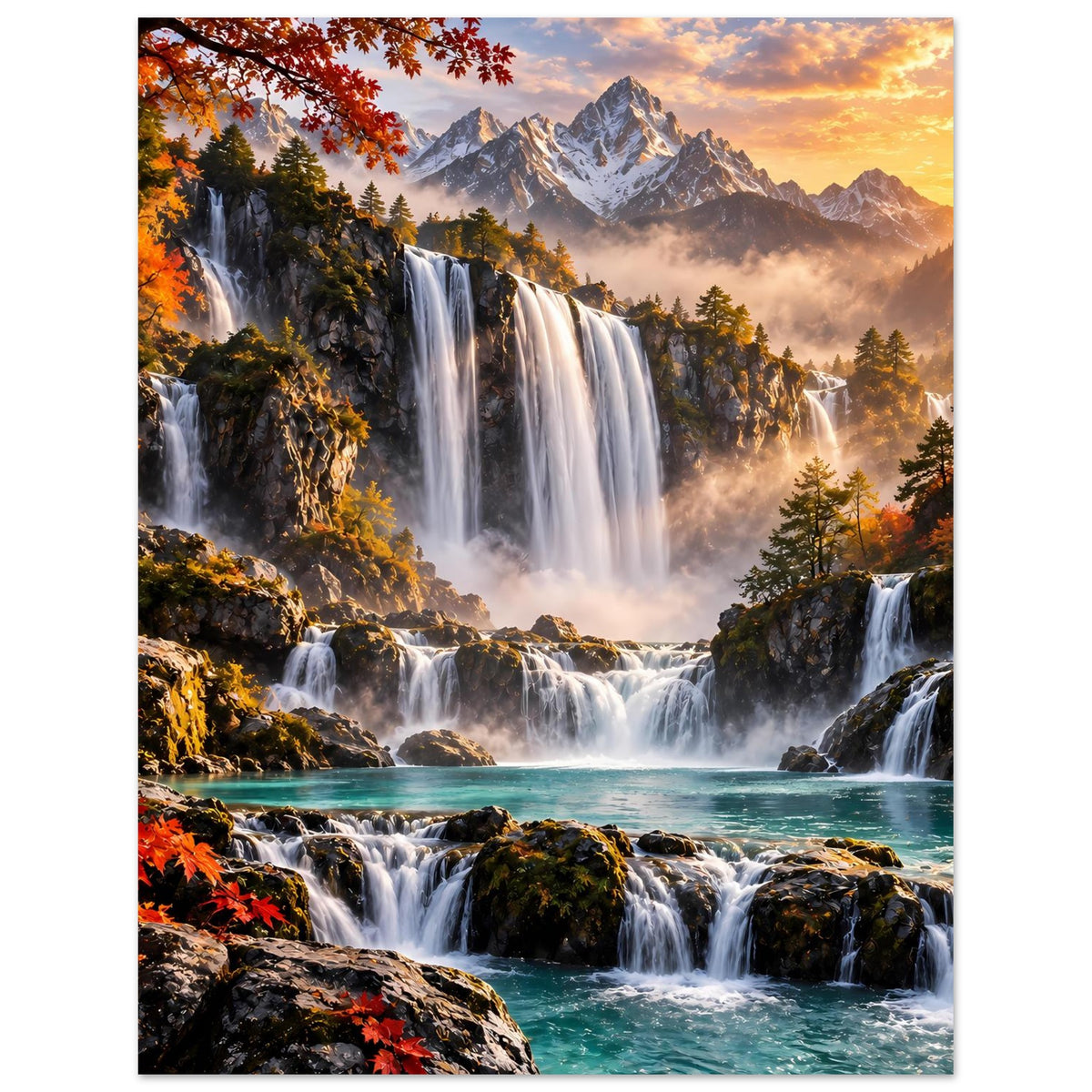 Hochformat-Poster mit Wasserfällen, türkisfarbenem Wasser, orange-rotem Herbstlaub