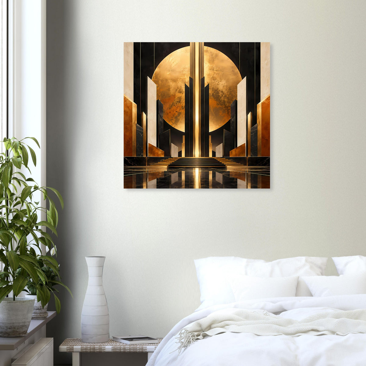 Art-Deco-Poster mittig an der Wand: goldener Lichtschacht, Säulen und Treppenstufen