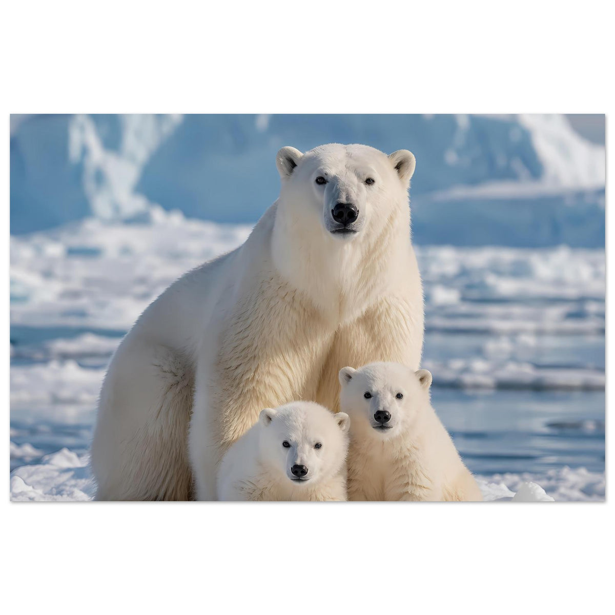 Kunstdruck mit Eisbärenfamilie: großer Eisbär und zwei Jungtiere auf Schnee