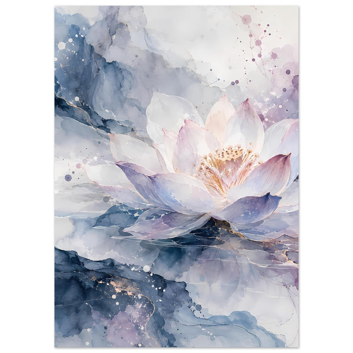 Blumenposter mit Lotusblüte: zentrale weiße Blüte mit lila Rand, blaue Farbfelder