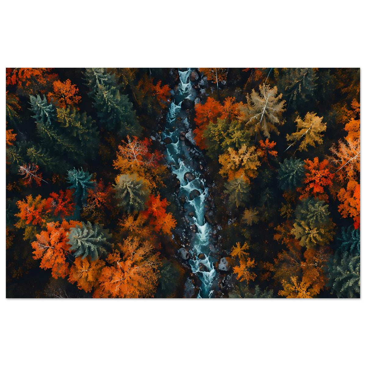 Herbstwald-Fluss Poster, horizontal: dichter Wald mit orangefarbenen und gelben Herbstbäumen