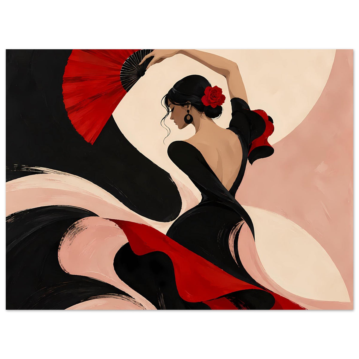 Horizontaler Posterprint mit Flamenco-Tänzerin in Schwarz und Rot, roter Fächer