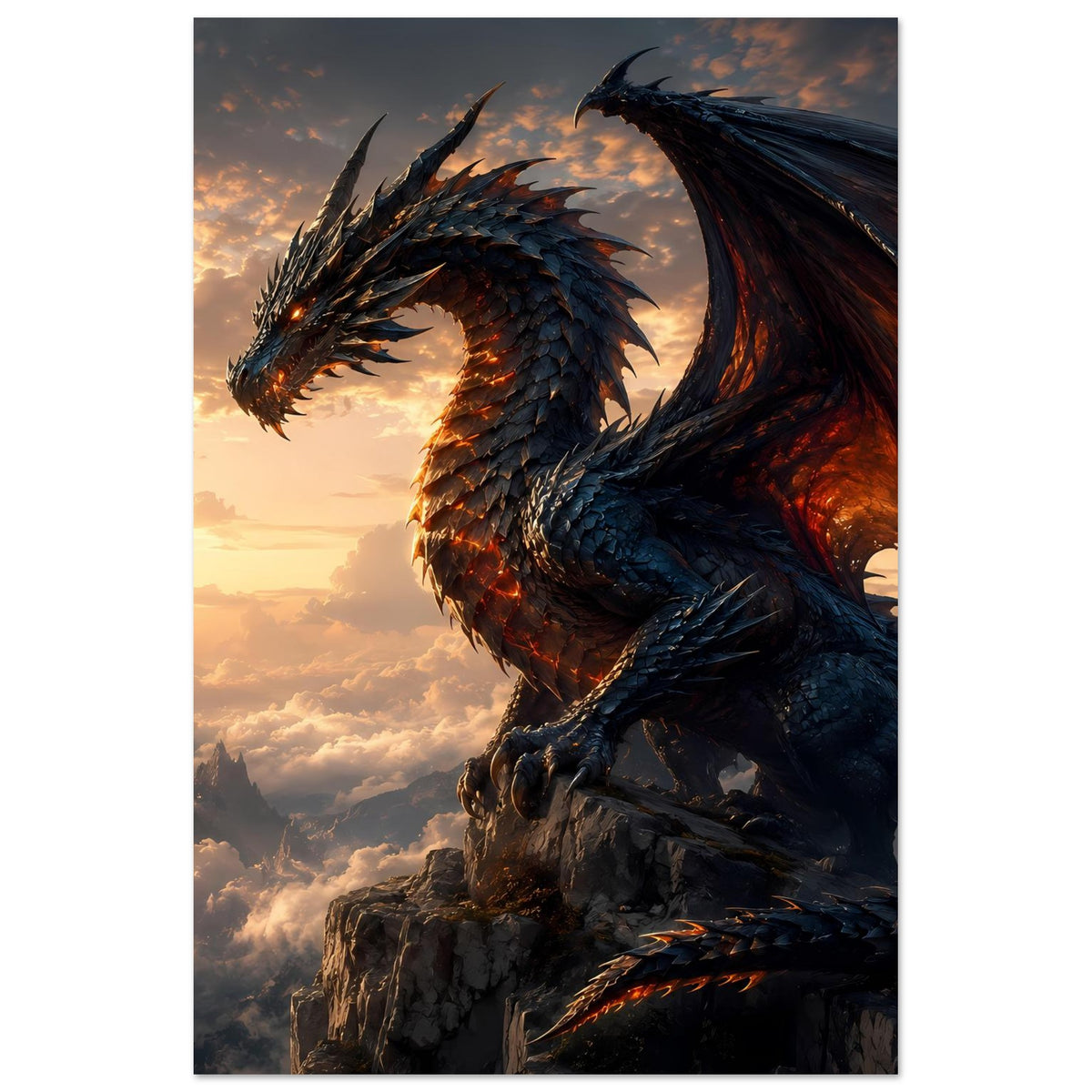 Drachenfantasy-Poster, vertikal: Drache mit Flügel und leuchtendem Auge, Feuer in der Flanke