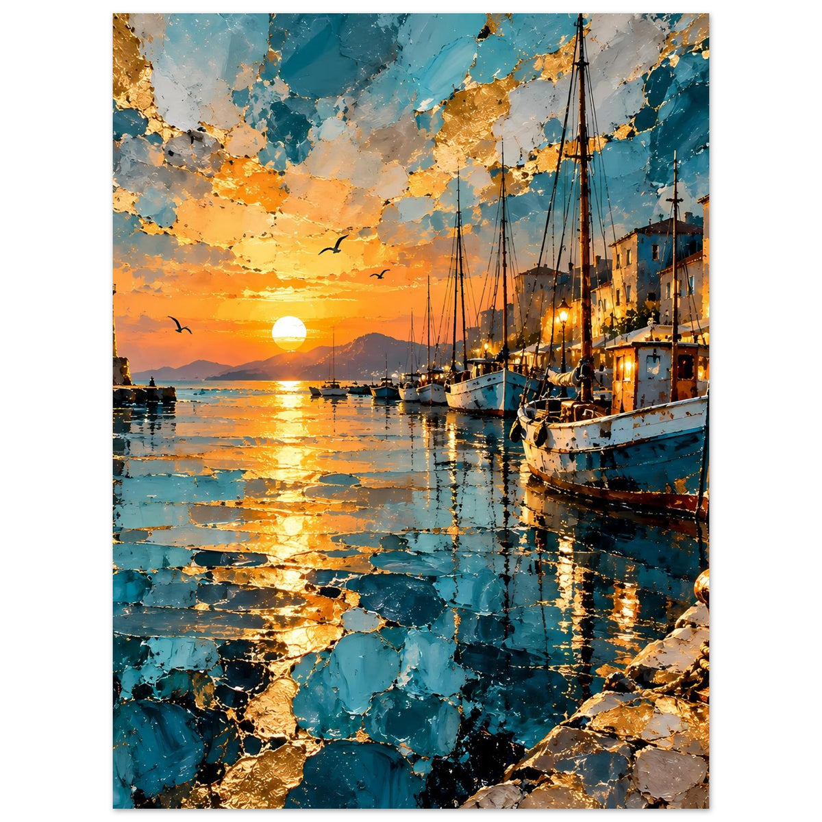 Poster mit Hafenmotiv im Sonnenuntergang, Boote und goldene Textur im Farbpalette-Knife-Stil