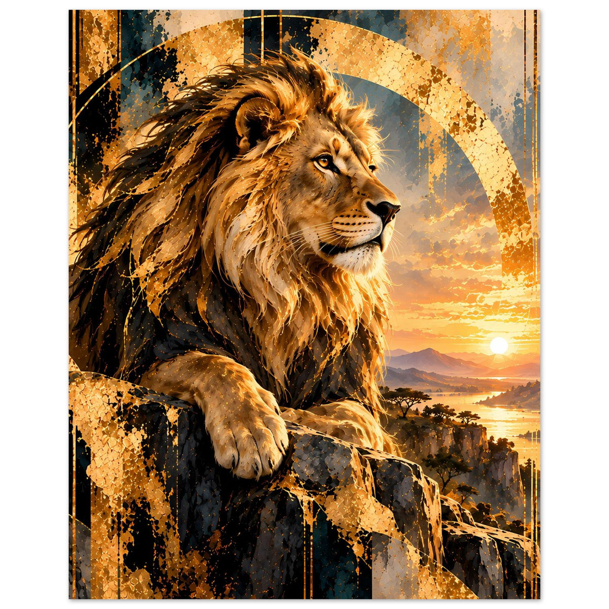 Poster (Hochformat) mit Löwe in Goldtönen auf Felsen und Sonnenuntergangs-Motiv.