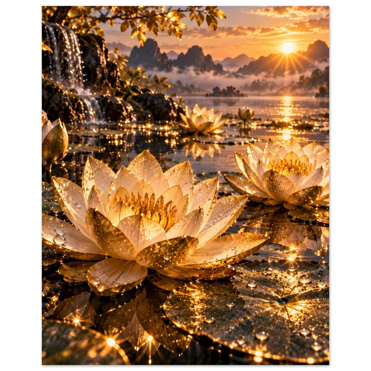 Poster mit goldenen Lotusblüten, Lichtpfaden auf dem Wasser und heller Sonnenquelle