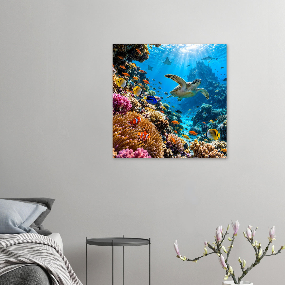 Poster im Kleinformat: Korallenriff und Meeresschildkröte im blauen Wasser