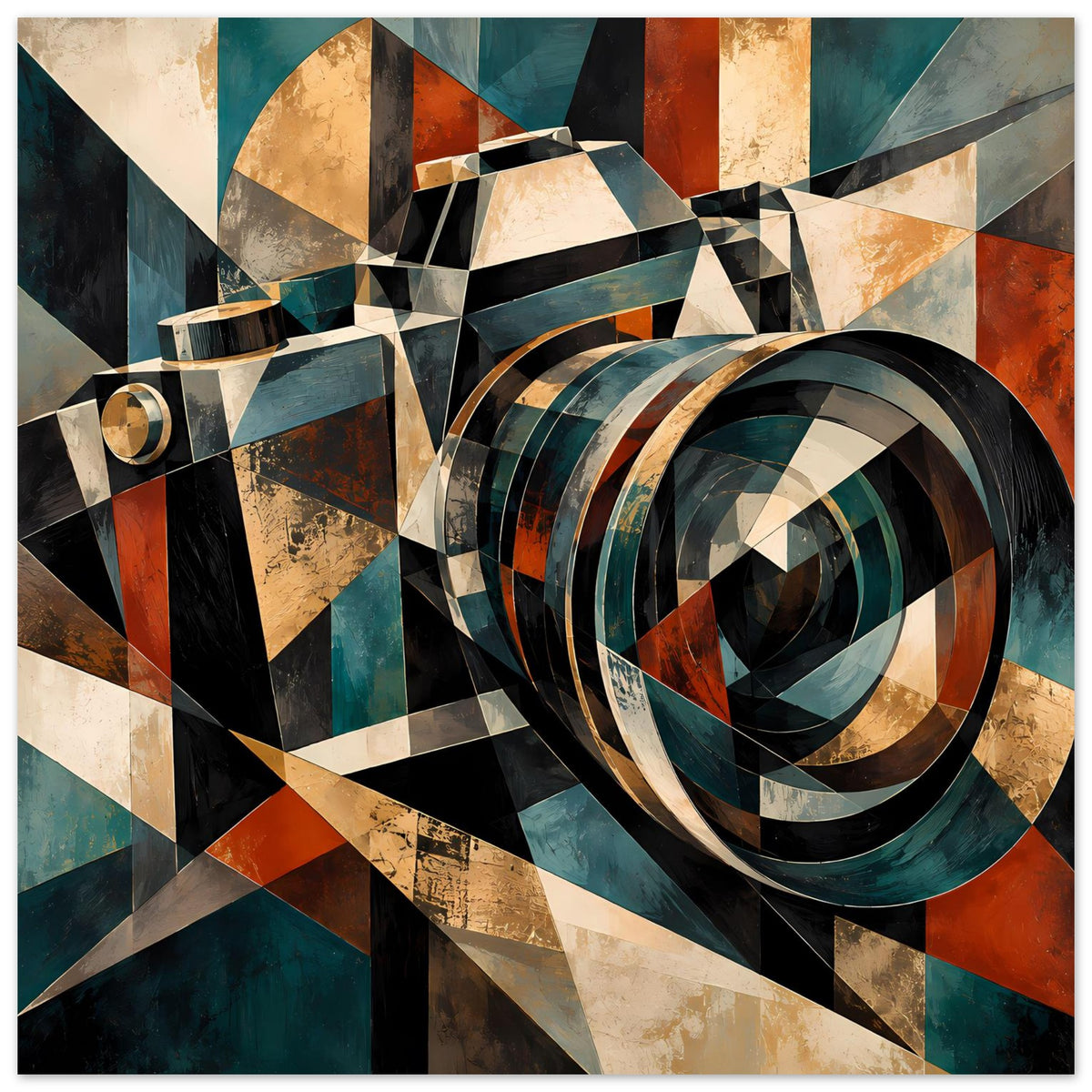 Geometrisches Kamera-Retroposter mit Kreis-Optik und Dreiecksflächen in Petrol, Rost und Gold