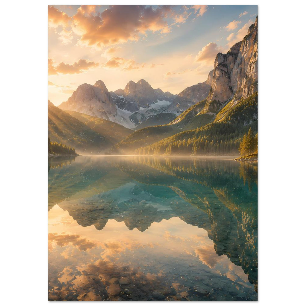 Kunstdruck-Poster mit Bergsee bei Sonnenaufgang, Berge, Wald und Wasserreflexe