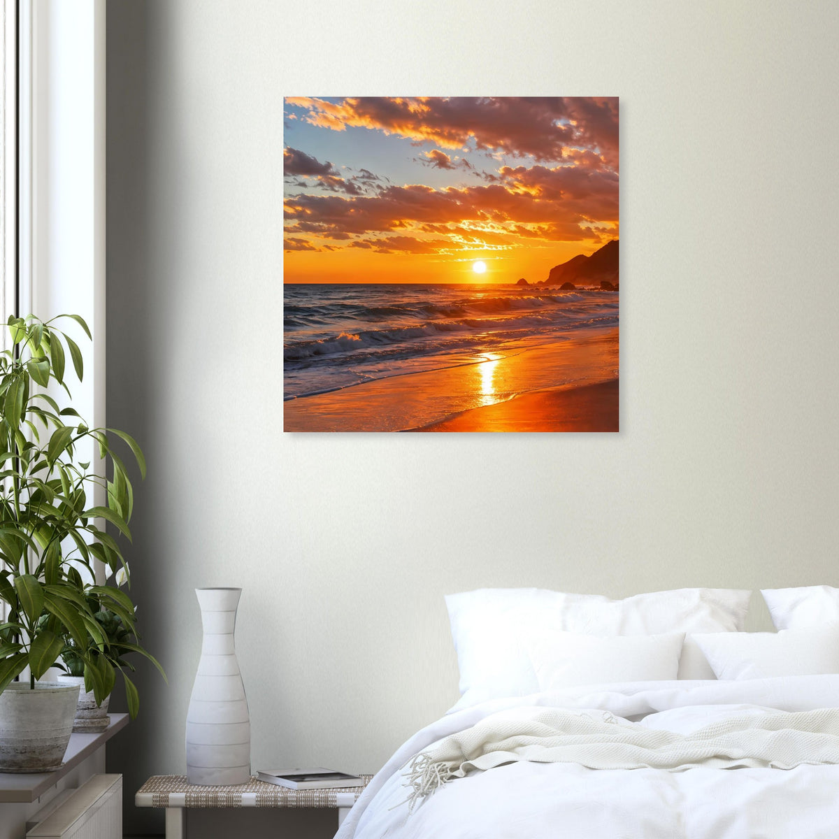 Quadratisches Poster im Holzrahmen mit Strand bei Sonnenuntergang und Blick aufs Meer