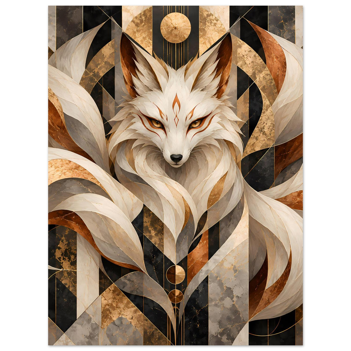 Geometrisches Fuchs-Poster mit zentriertem Fuchskopf, wirbelnden Formen in Creme und Gold
