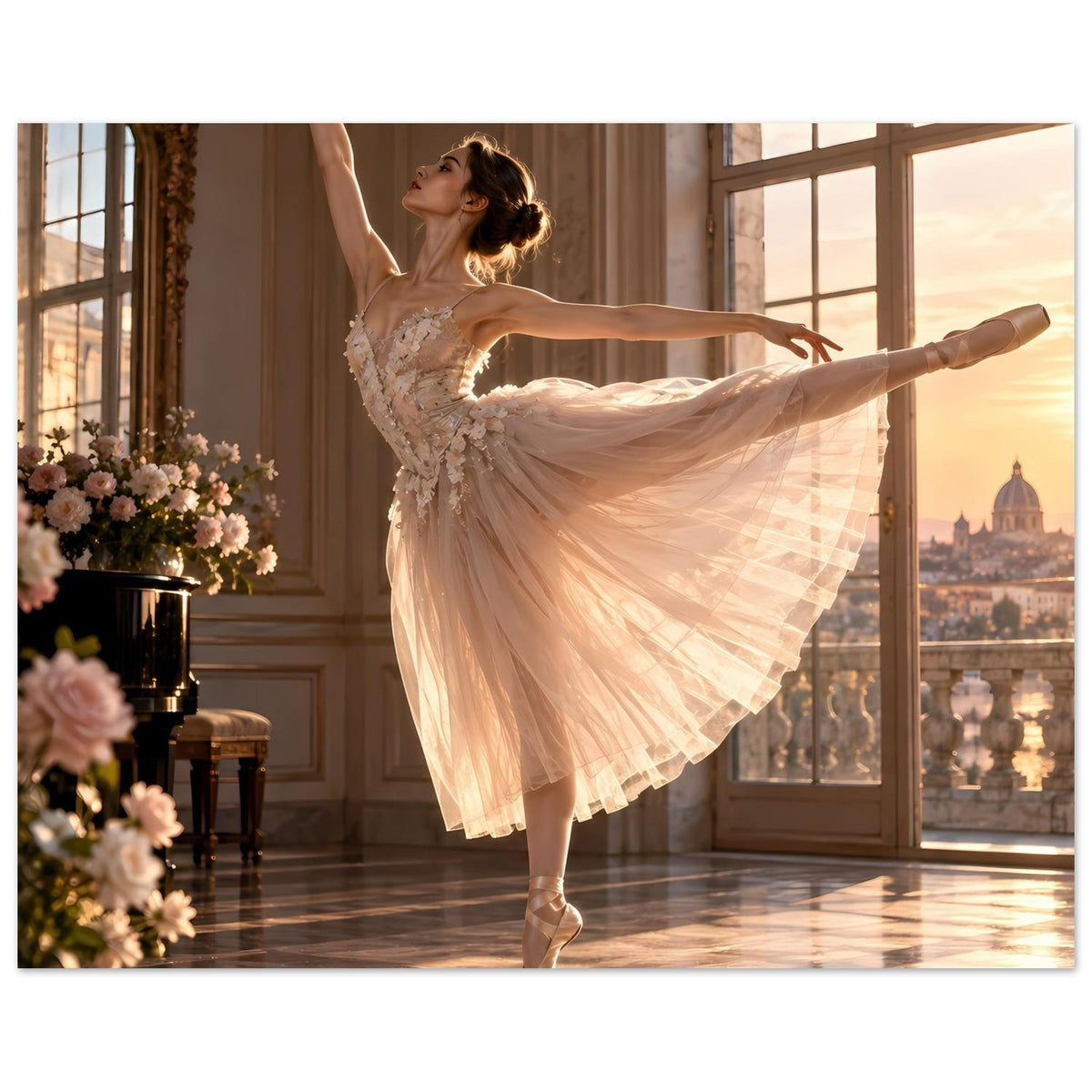 Poster: Ballerina im beigen Spitzentanz-Kleid, beide Arme in erhobener Haltung