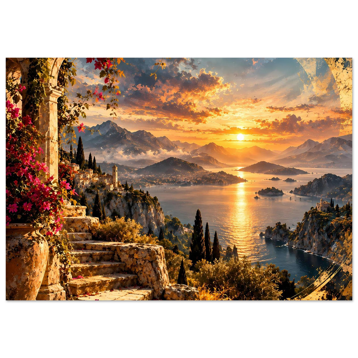 Küstenposter im Querformat: Sonnenuntergang über Meer, Treppenstufen und blühende Pflanzen