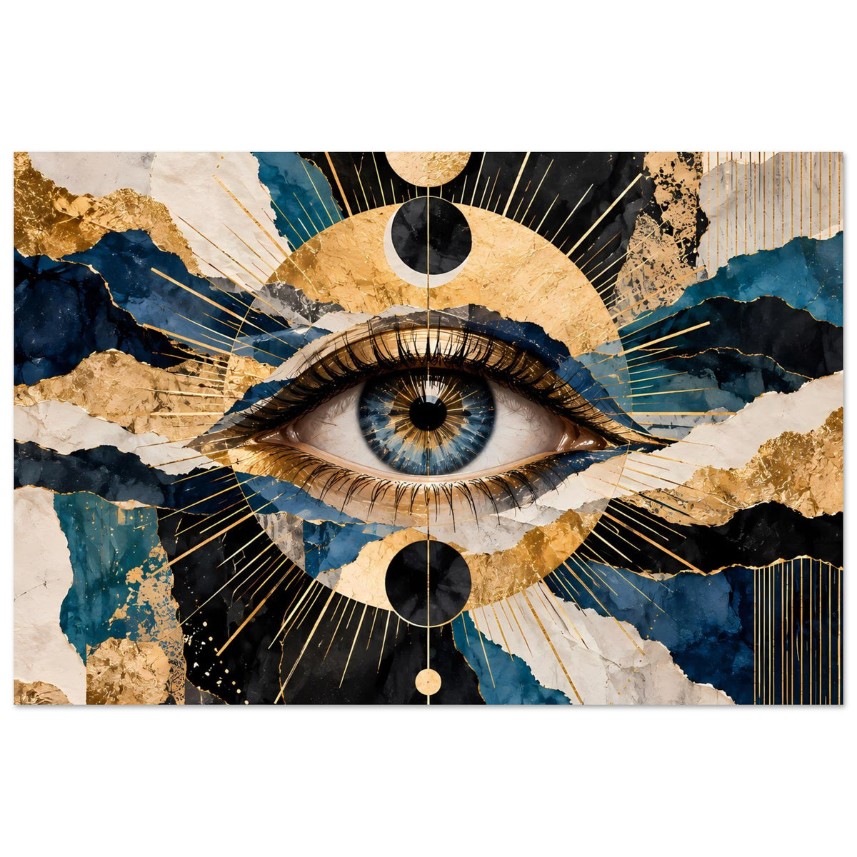 Querformat Poster: zentrales Auge in Blau und Gold, umgeben von Ornamenten und strahlenförmigen Linien.