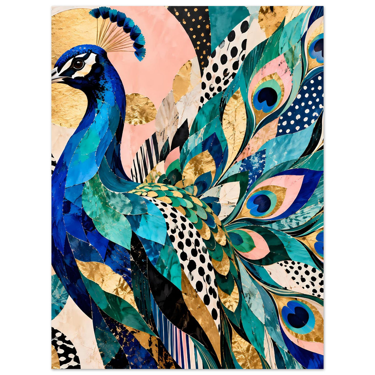 Kunstposter mit Pfau-Gefieder in Blau und Türkis, goldene Highlights, abstraktes Hintergrundmuster