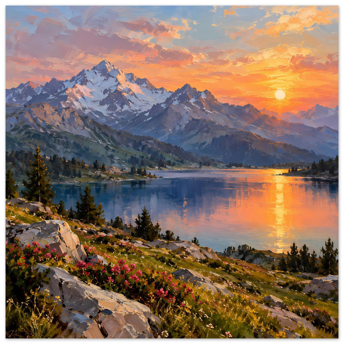 Poster mit Landschaftszug: Berge, See und leuchtender Abendsonne mit Reflexion am Wasser