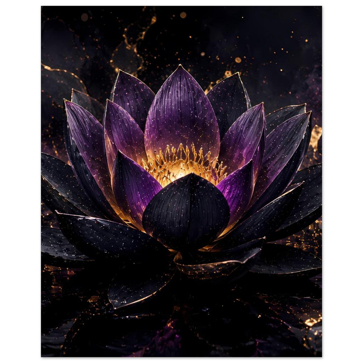 Poster mit Lotusblüte in Violett und Gold, Hochformat