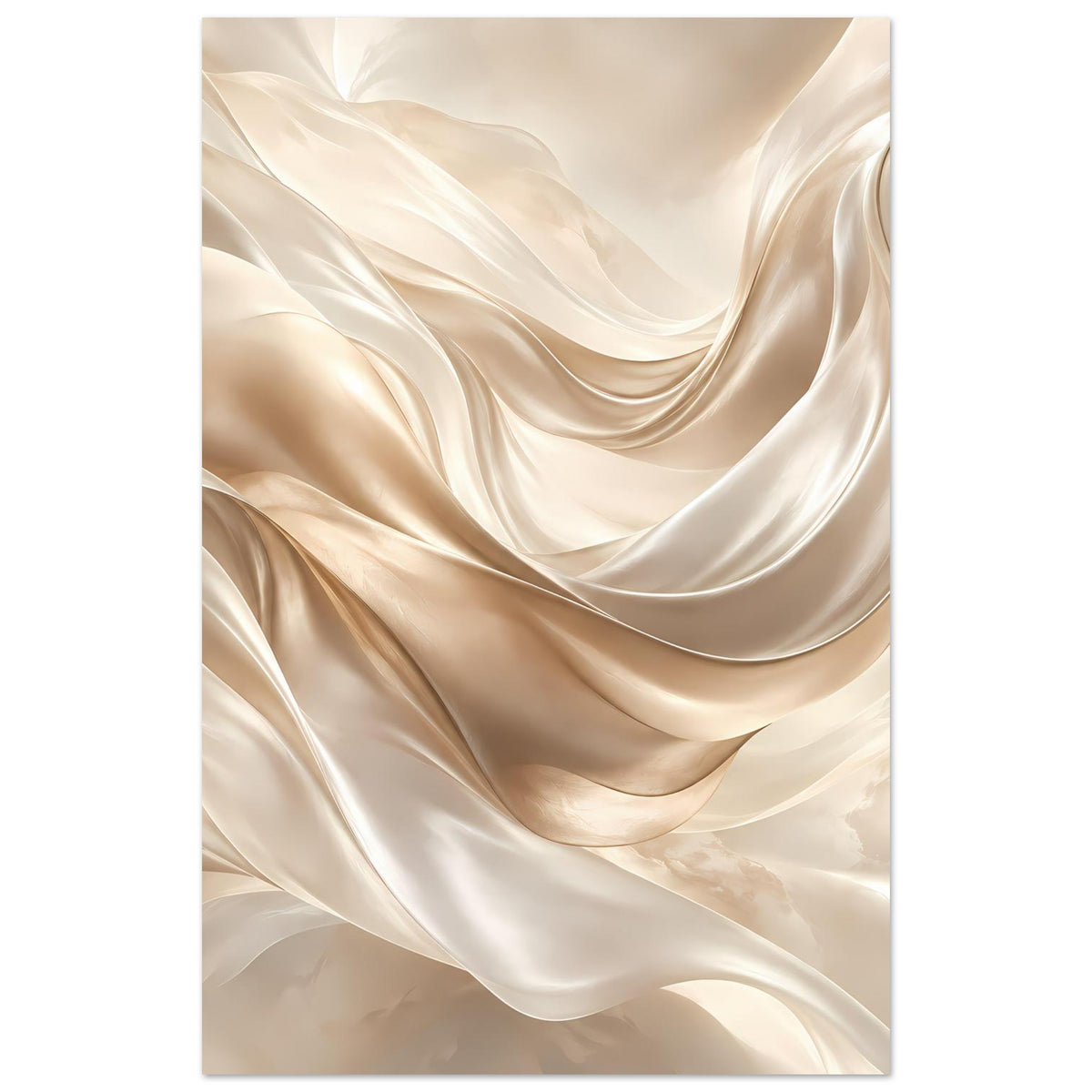 Vertikales Poster mit cremig-goldenen, fließenden Stoffwellen und seidigen Swirl-Linien