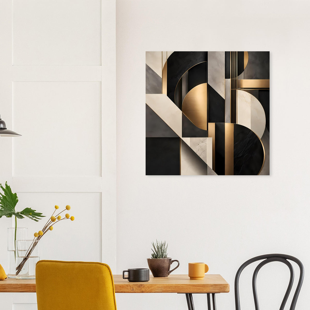 Geometrisches Kunstposter mit goldfarbenen Balken, dunkle und helle Marmorgeometrie