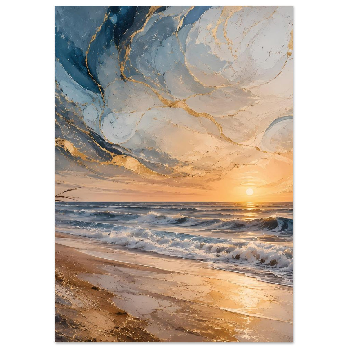 Meerstrand-Poster mit goldenen Wellen, Sandstrand und tiefem Sonnenlicht, abstrakte Wolkenadern