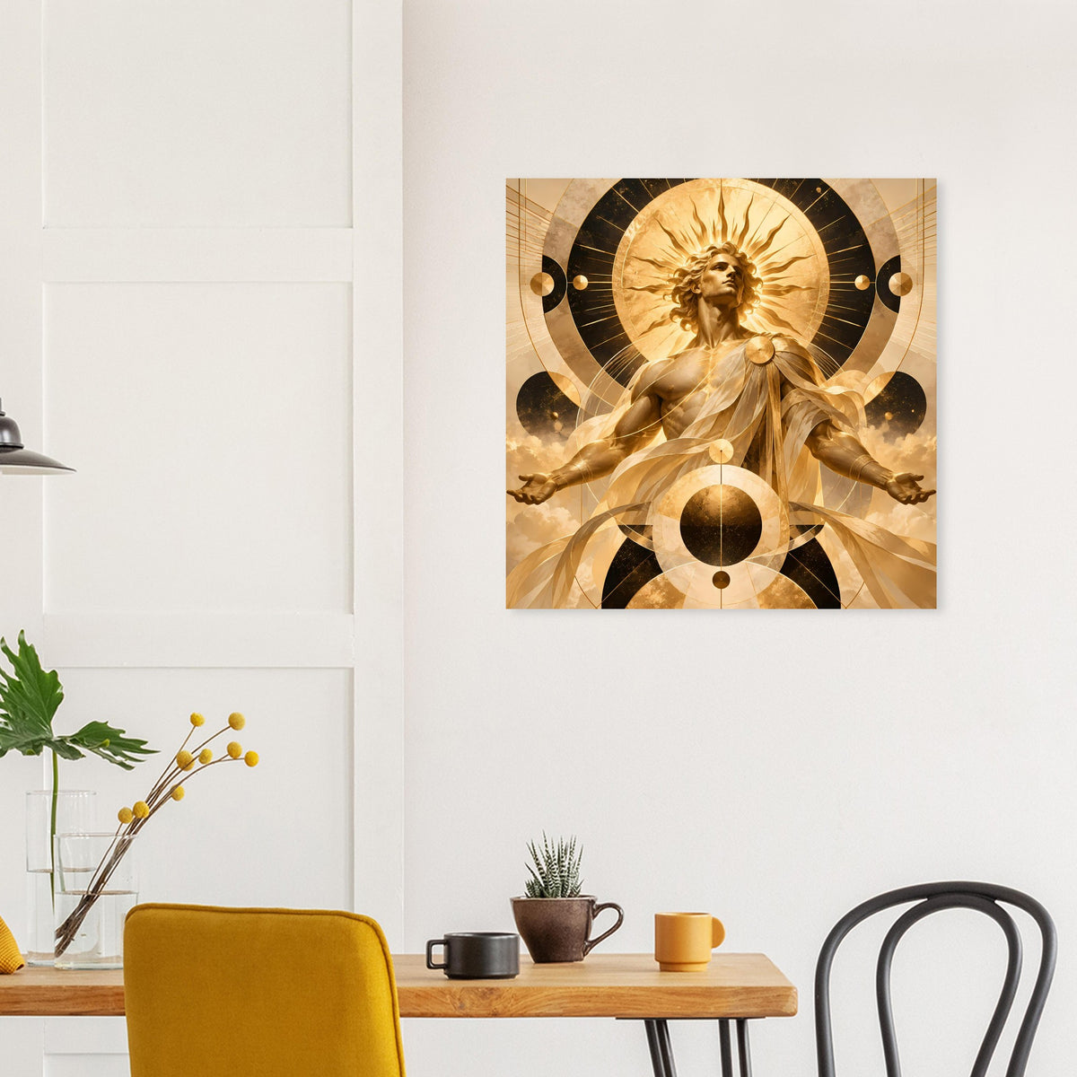 Quadratisches Poster mit goldener Engel-Figur, gold-schwarzen Ornamenten und kreisförmigen Motiven