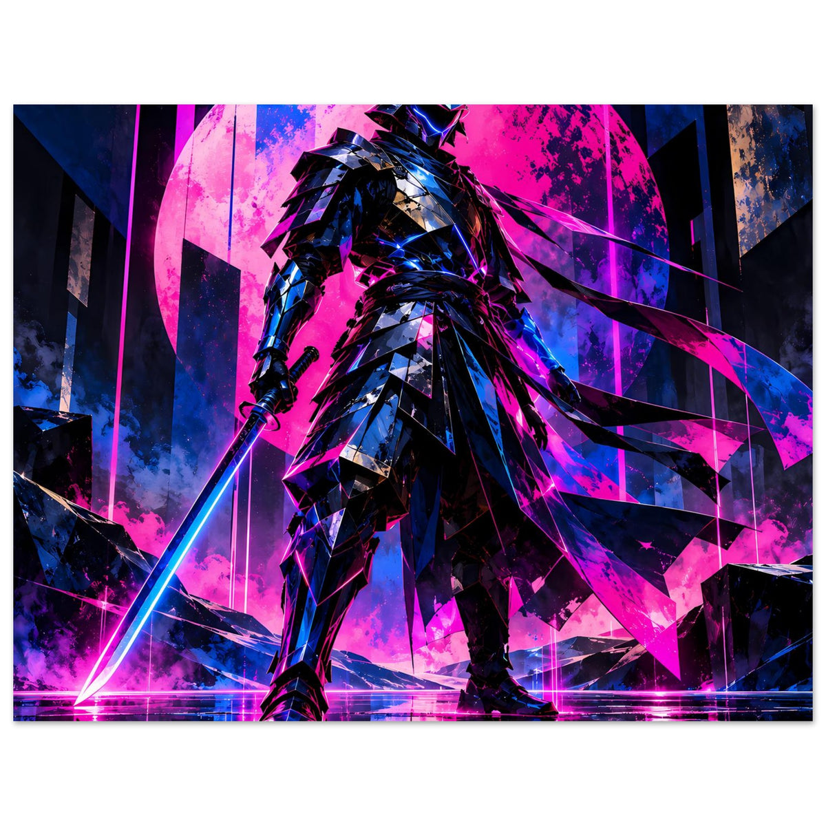 Neon-Cyberpunk-Poster (quer): Krieger mit Schwert, Pink und Blau, leuchtende Neonreflexe