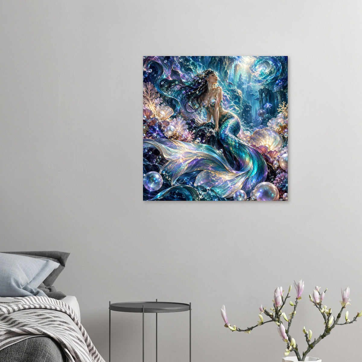 Quadratisches Fantasy-Poster mit Meerjungfrau, Perlen und Korallen, schillernder Schwanz