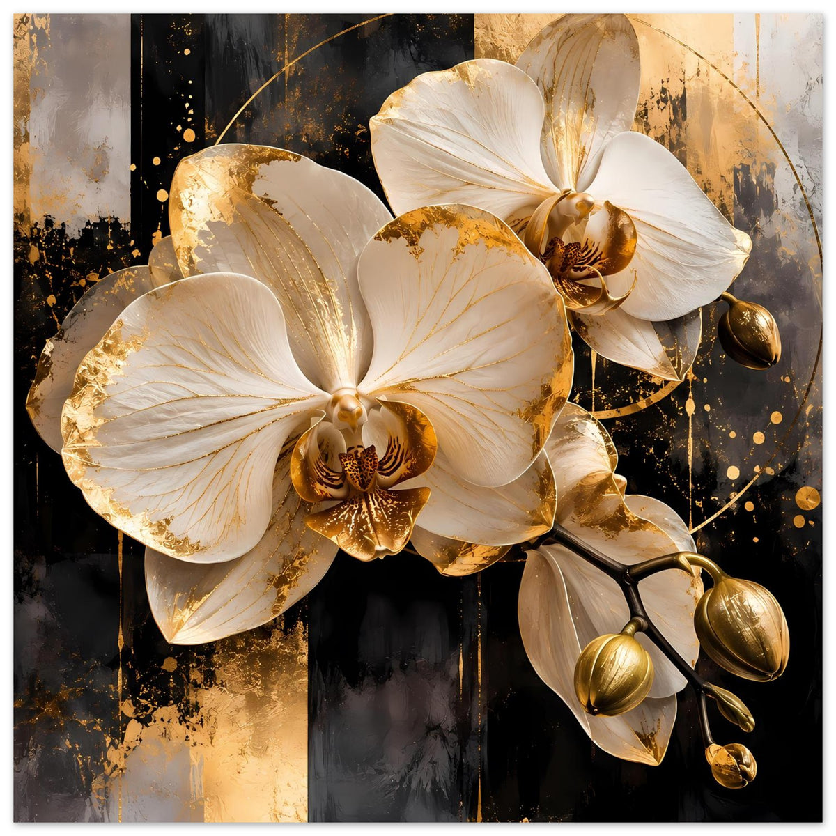 Poster mit weißen Orchideenblüten, goldfarbenen Details und dekorativen Kugeln